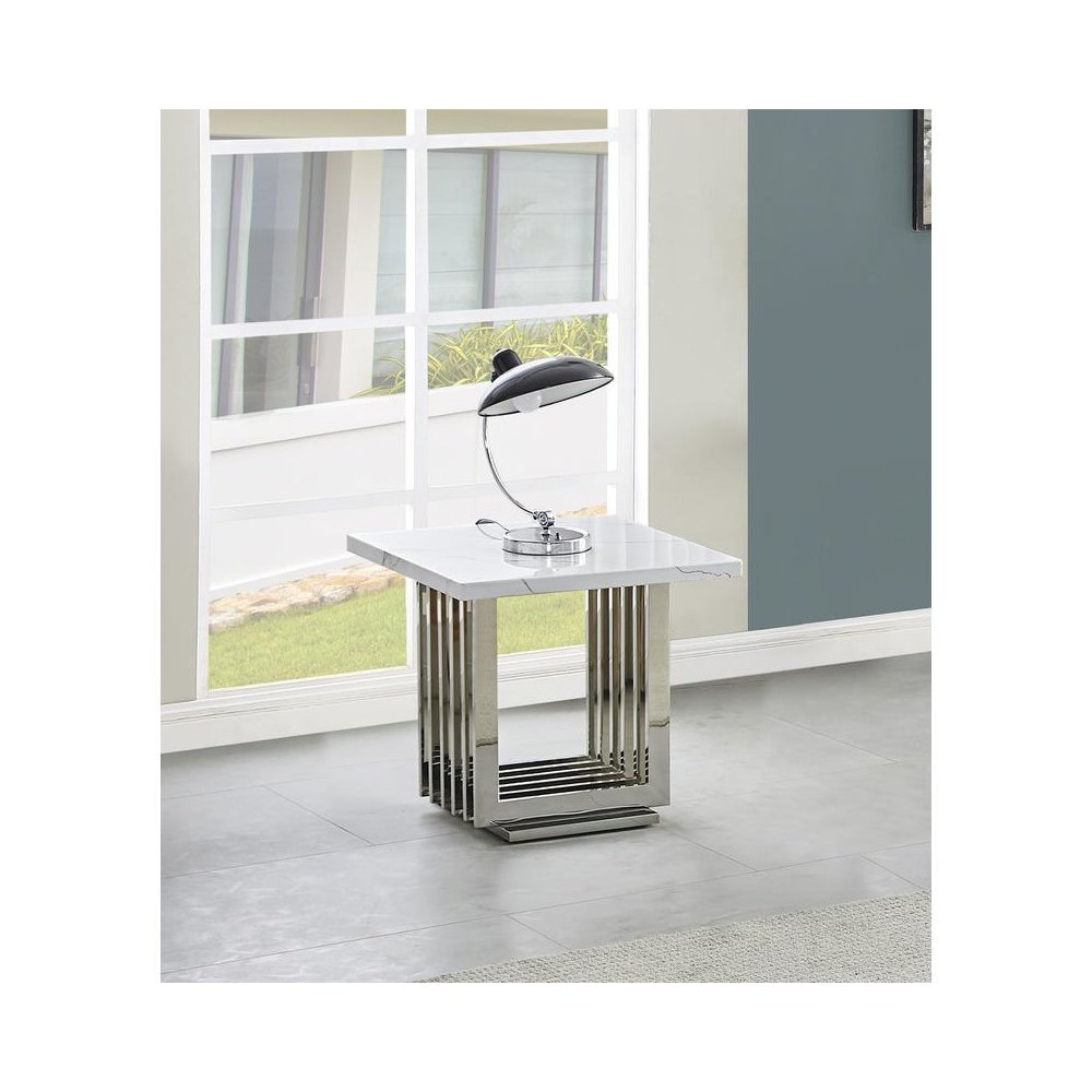 White marble top end table with a silver color stainless steel base