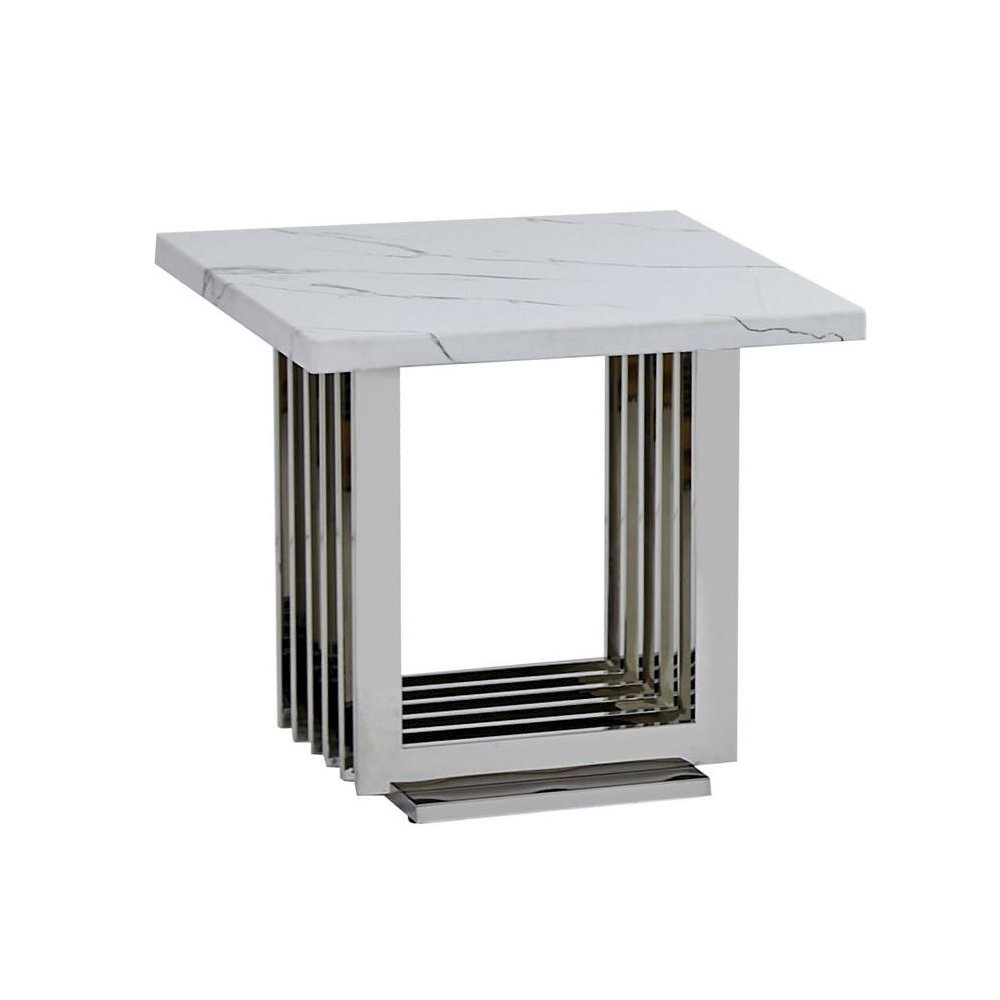 White marble top end table with a silver color stainless steel base