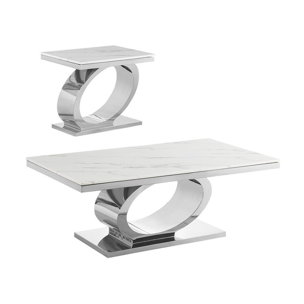 2pc White marble coffee table set with silver base (1 Coffee+ 1 End table)