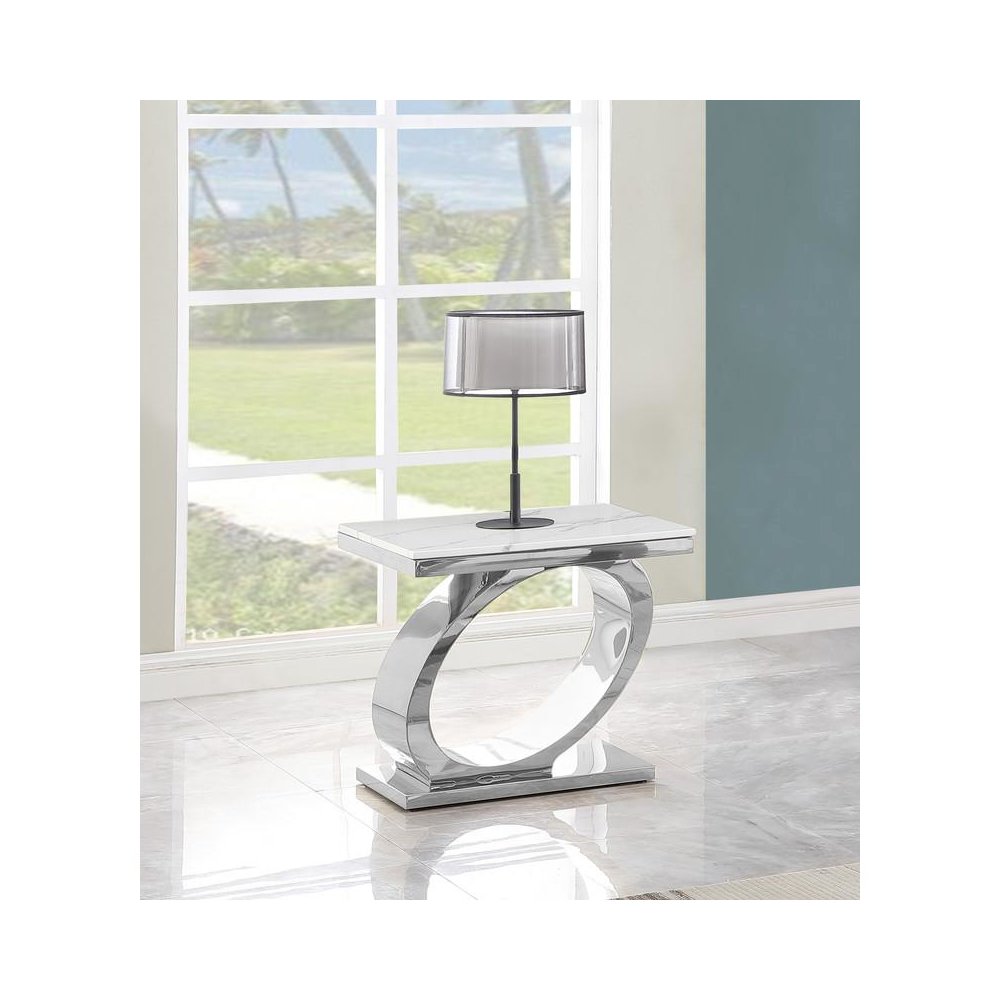 White marble top end table with silver base