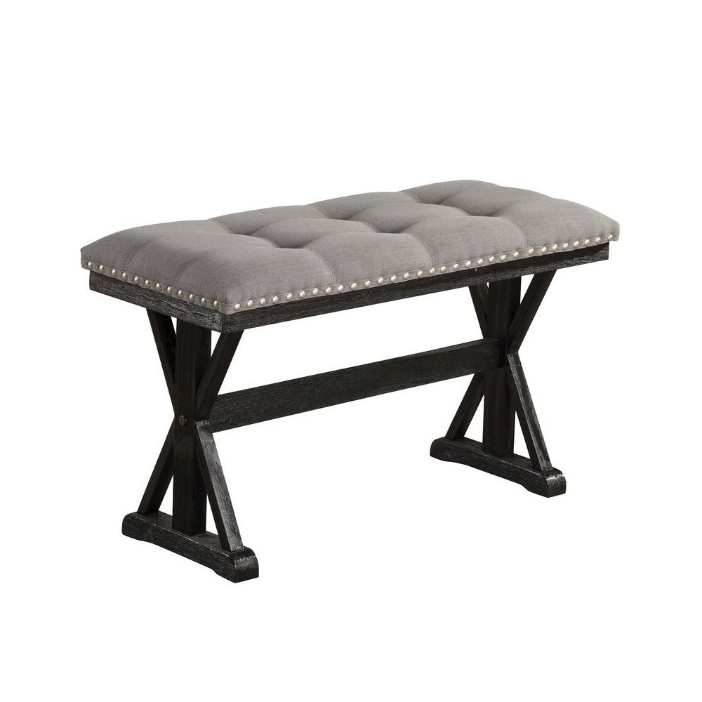 Counter height dining bench with grey linen fabric and light espresso base