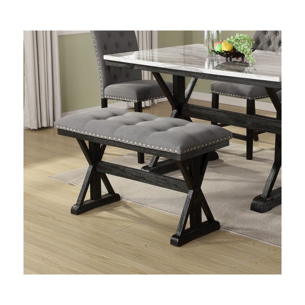 Counter height dining bench with grey linen fabric and light espresso base