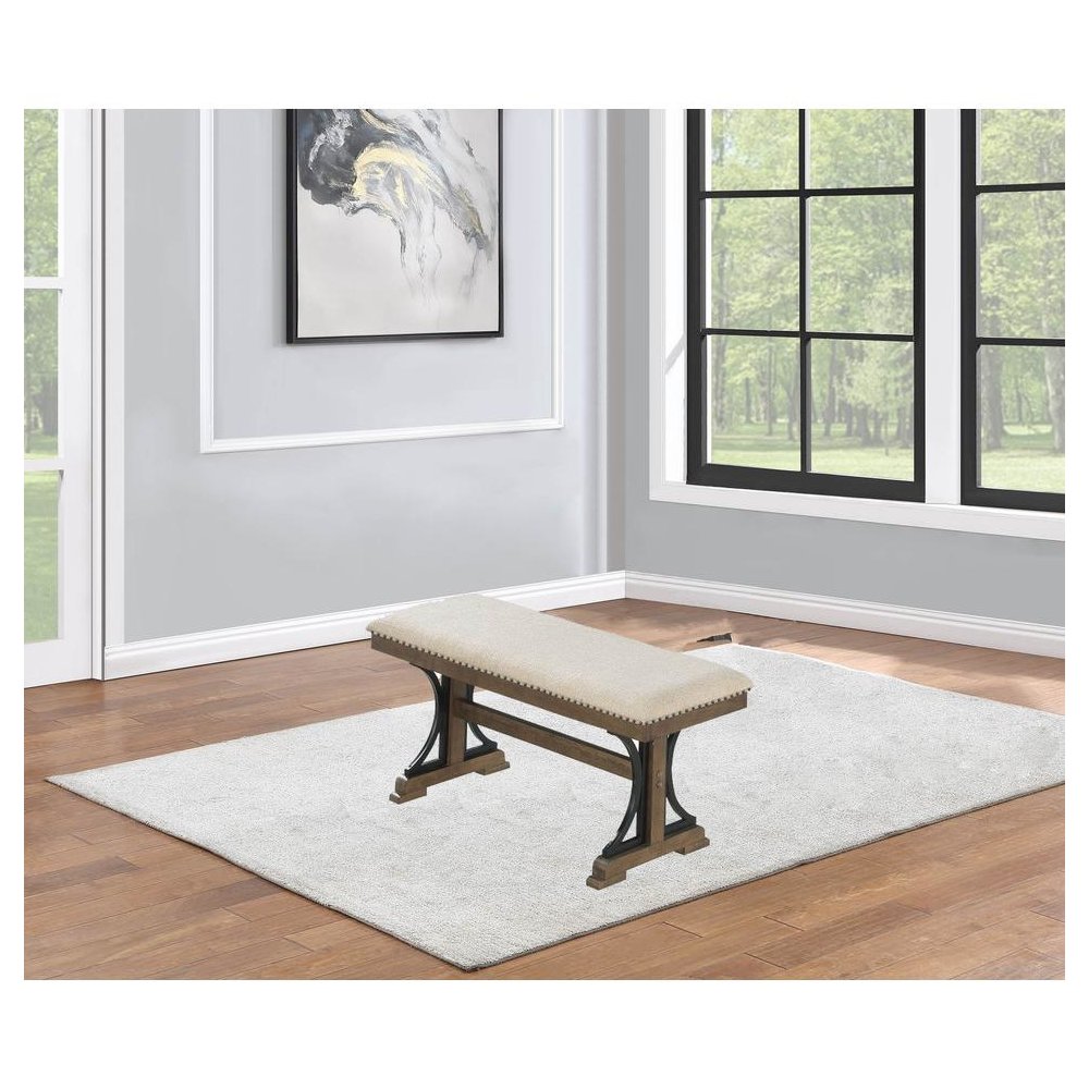 Upholstered Dining bench in Brown oak and beige fabric