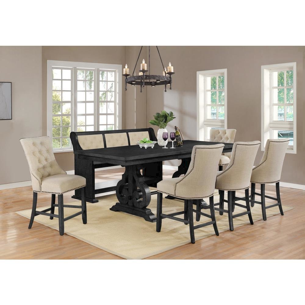 Counter height dining bench with beige linen fabric