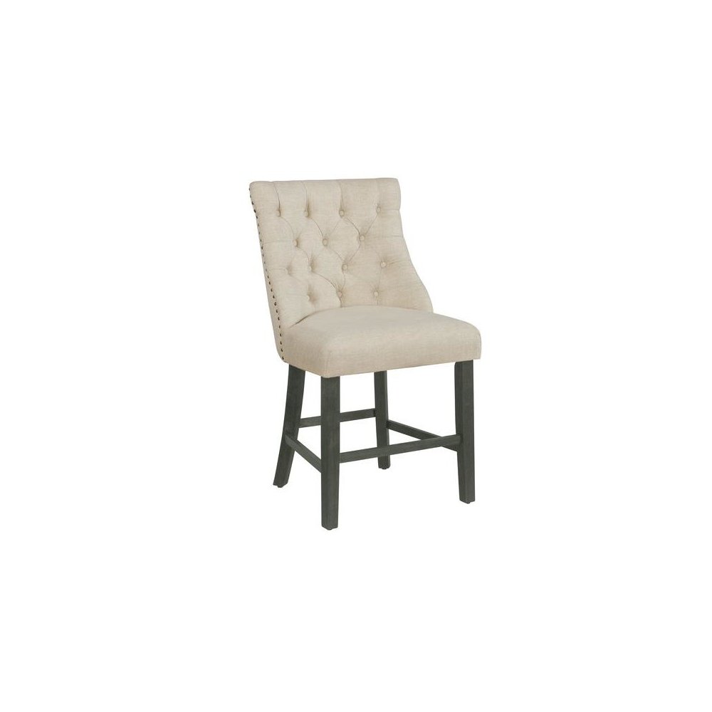 Counter height dining chairs in beige linen fabric with tufted buttons