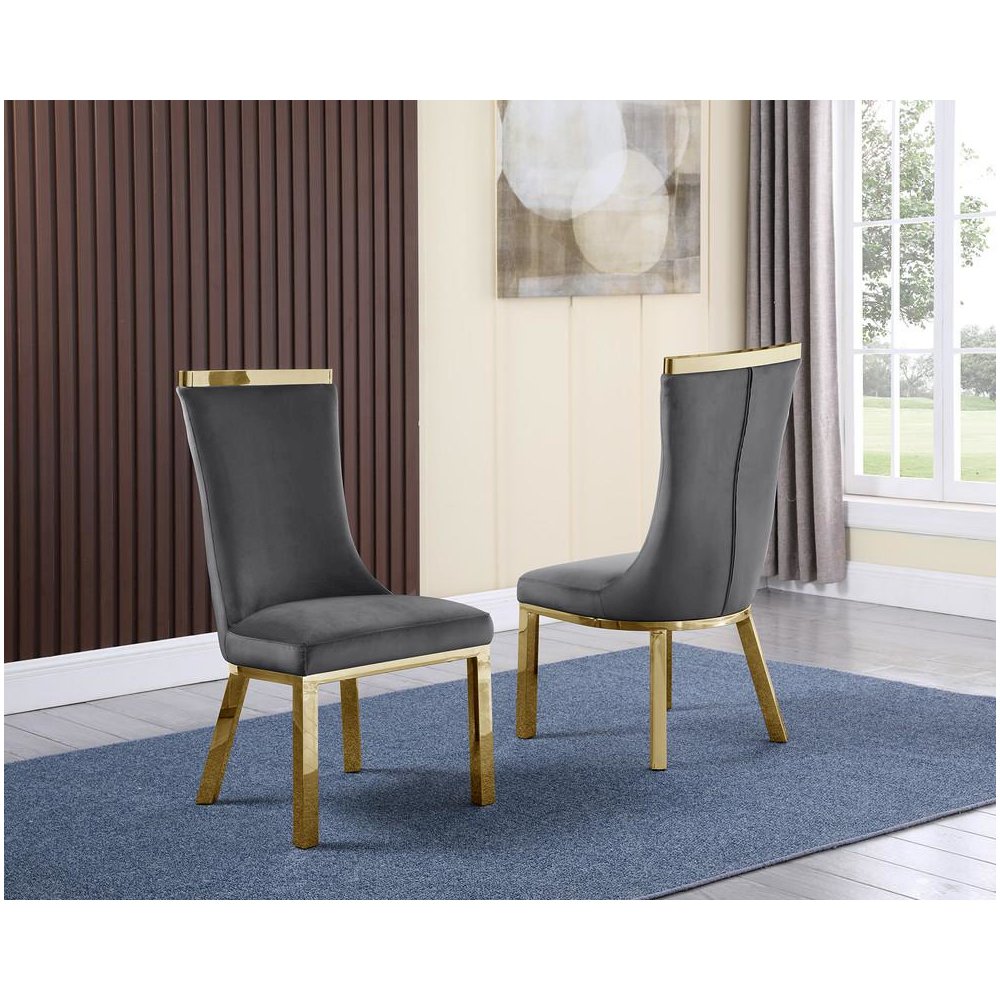 Upholstered dining chairs set of 2 in Dark gray velvet fabric – gold colored stainless steel base