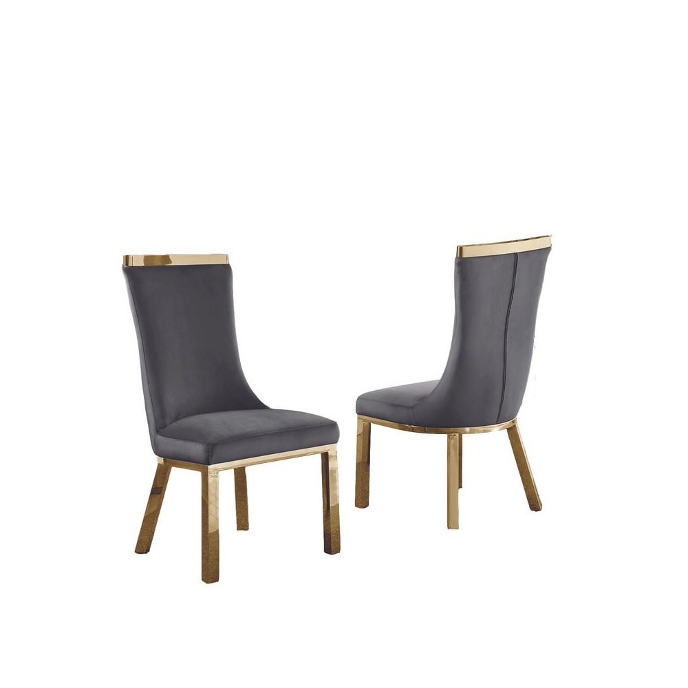 Upholstered dining chairs set of 2 in Dark gray velvet fabric – gold colored stainless steel base