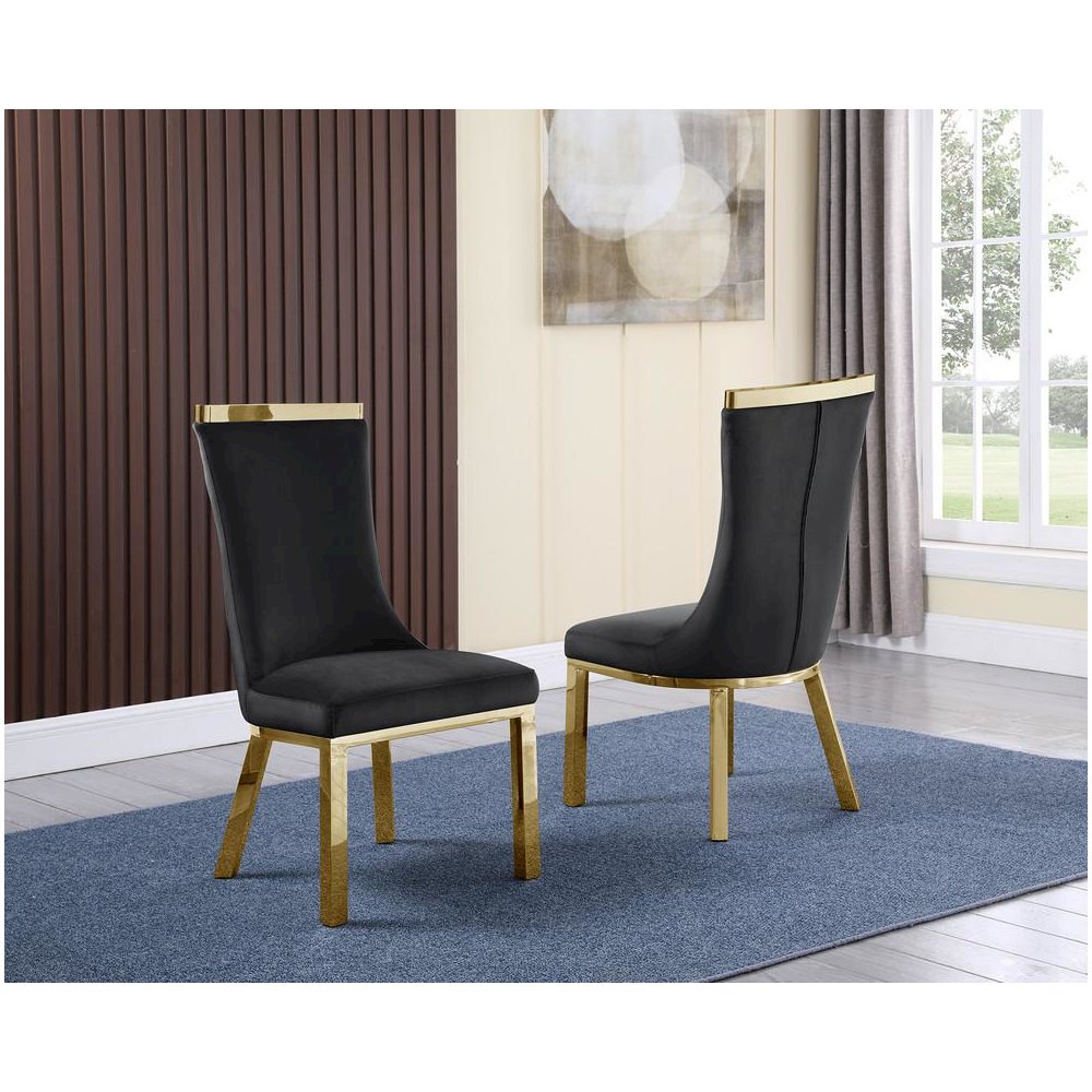 Upholstered dining chairs set of 2 in Black velvet fabric with gold colored stainless steel base