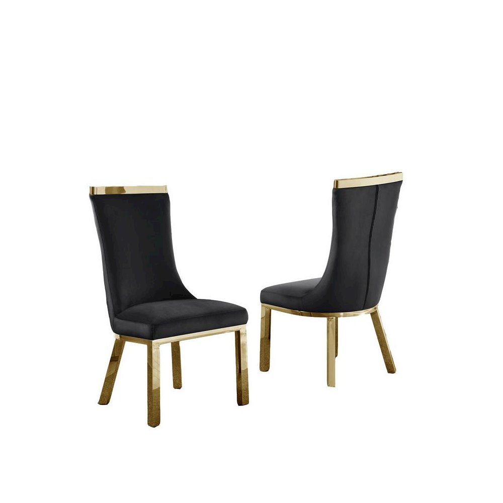 Upholstered dining chairs set of 2 in Black velvet fabric with gold colored stainless steel base