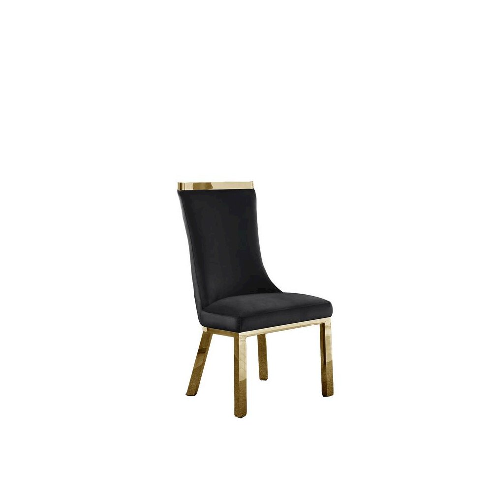 Upholstered dining chairs set of 2 in Black velvet fabric with gold colored stainless steel base