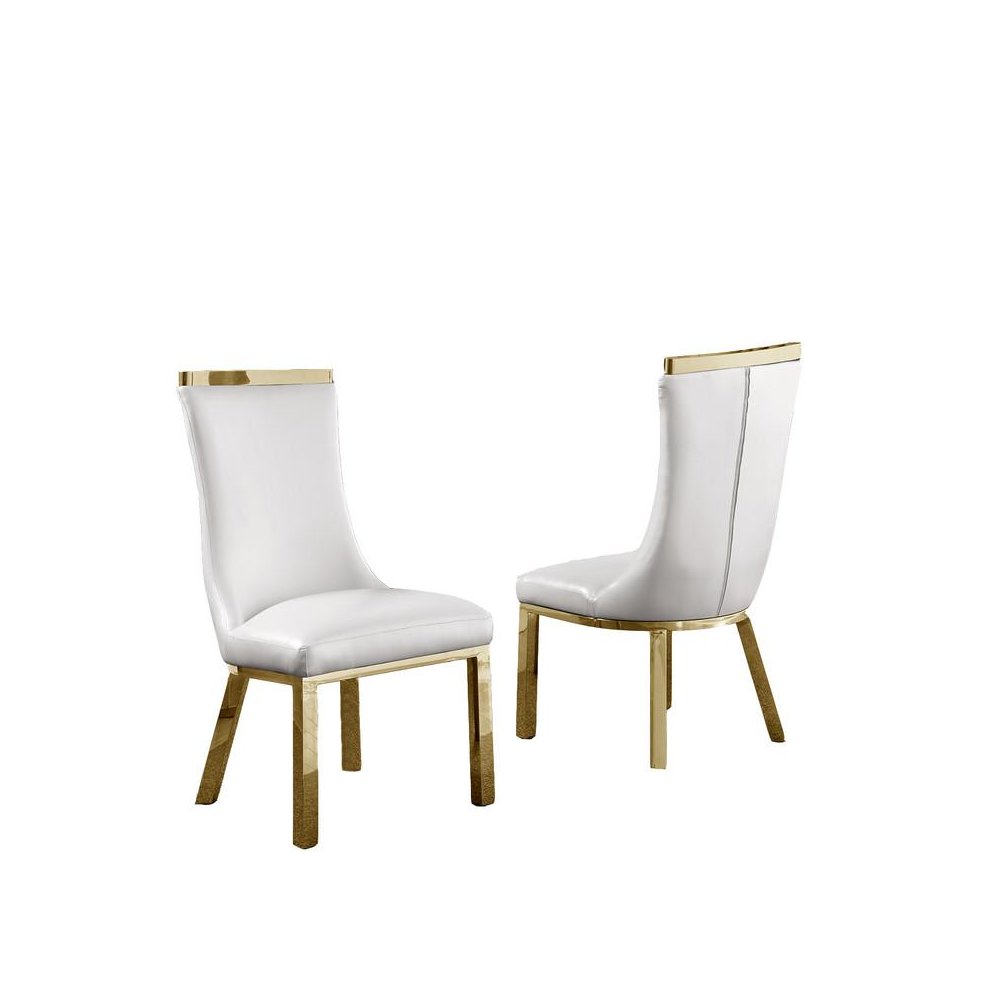 Upholstered dining chairs set of 2 in White faux leather with gold colored stainless steel base