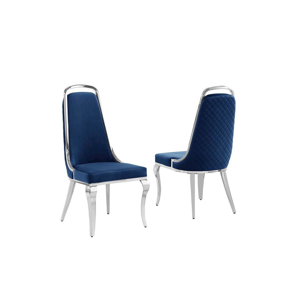 Navy blue velvet high back chair with silver chrome trim