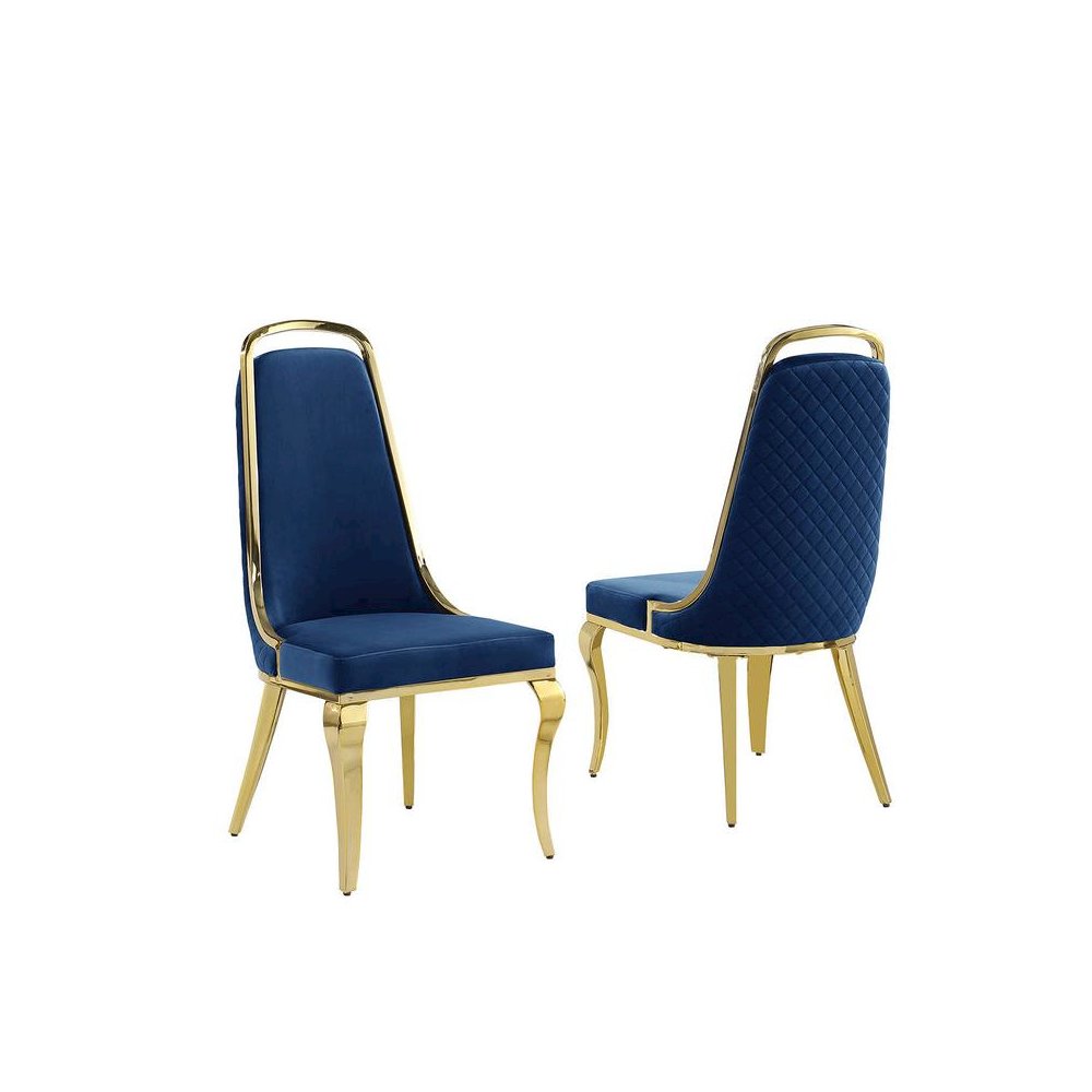 Navy blue velvet high back chair with gold chrome trim