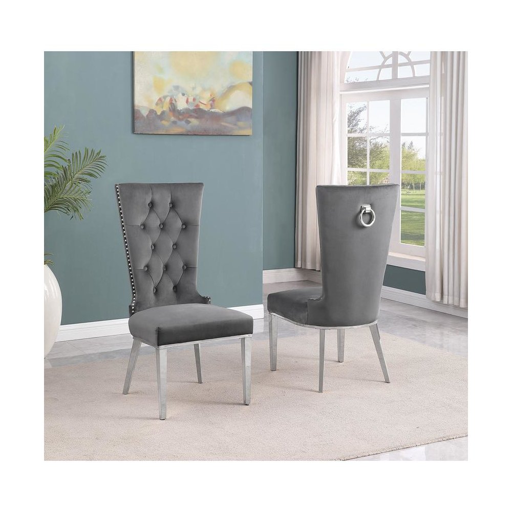 Dark Gray velvet side chair with silver stainless steel base (SET OF 2)