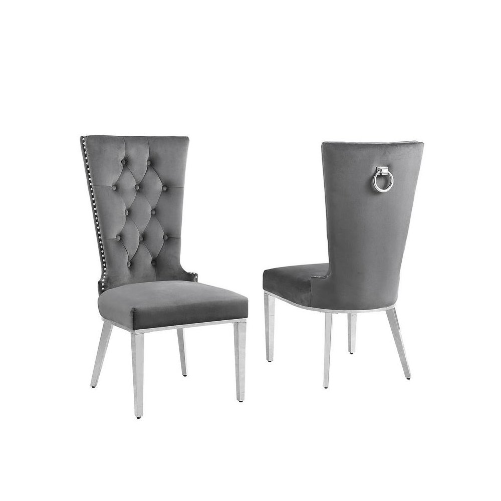 Dark Gray velvet side chair with silver stainless steel base (SET OF 2)