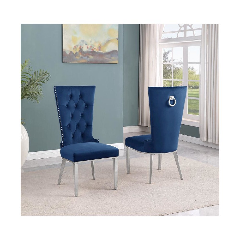Navy Blue velvet side chair with silver stainless steel base (SET OF 2)