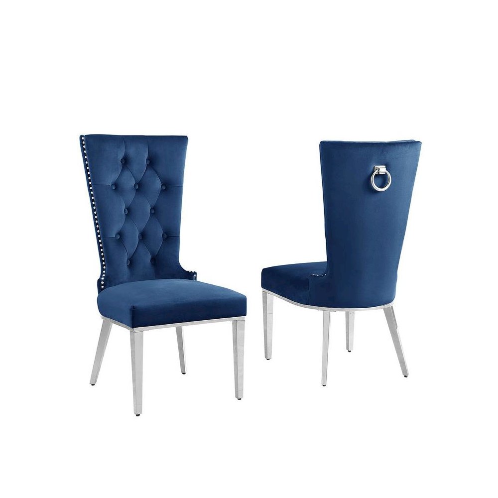 Navy Blue velvet side chair with silver stainless steel base (SET OF 2)