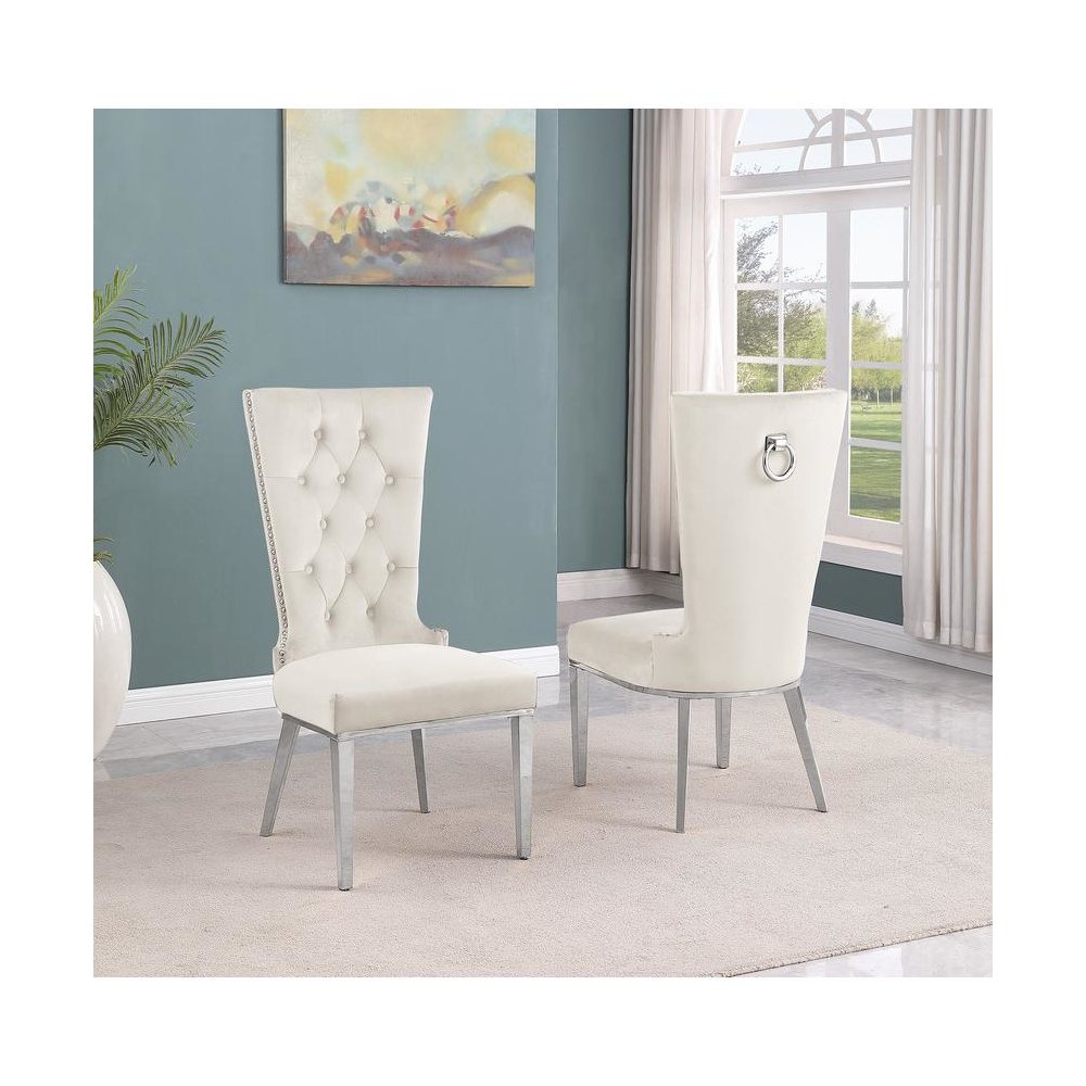 Cream velvet side chair with silver stainless steel base (SET OF 2)