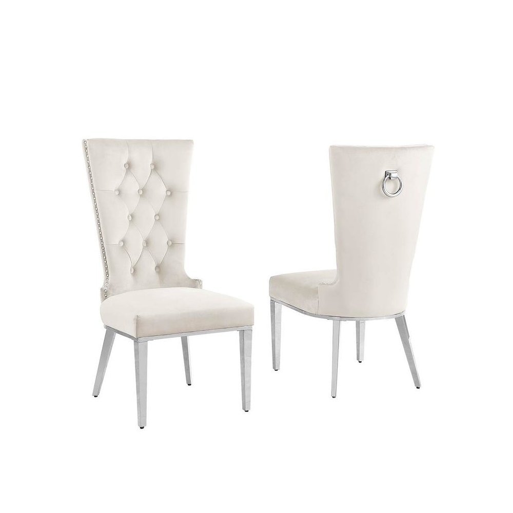 Cream velvet side chair with silver stainless steel base (SET OF 2)