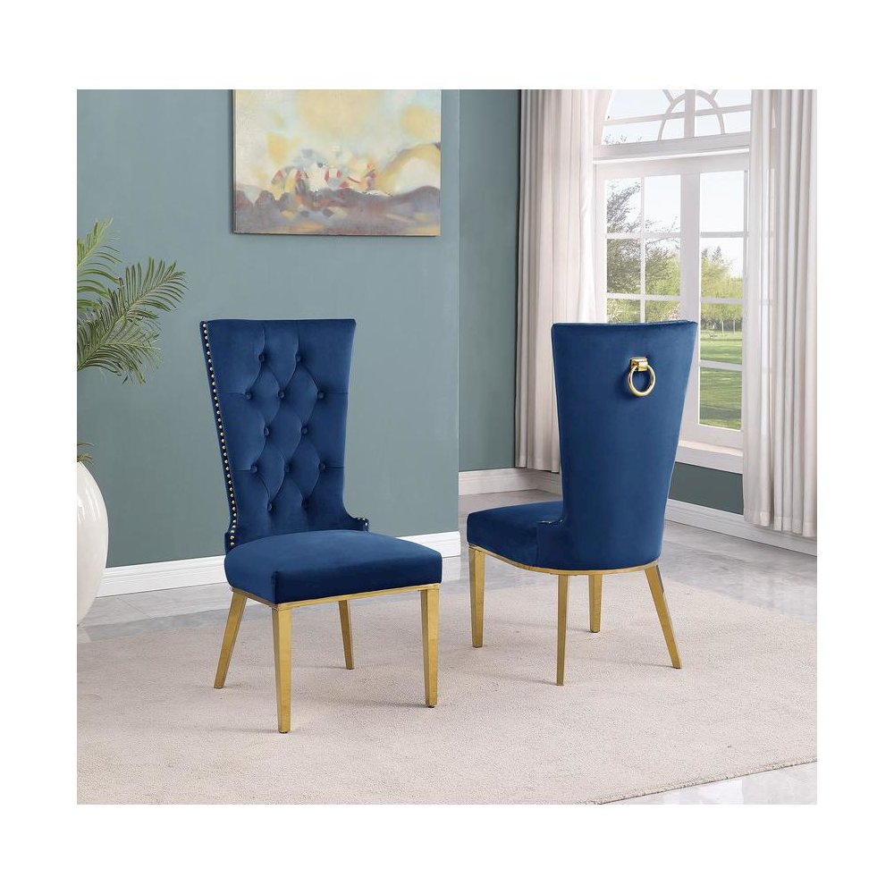 Navy Blue velvet side chair with gold stainless steel base (SET OF 2)