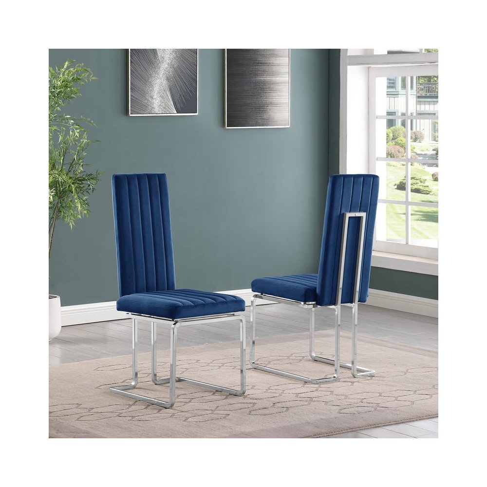 Navy blue velvet side chairs with silver base (SET OF 2)