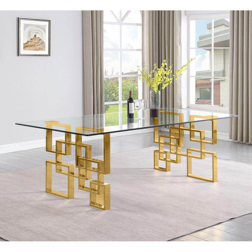 9-piece glam dining set with 8 cream chairs and a 95″ long glass  table