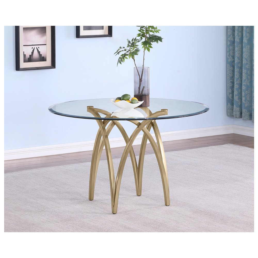 Round 48X48 Tempered Glass Dining Table With Matte Gold Base