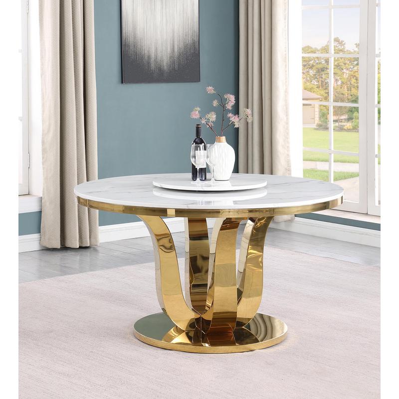 5pc White marble round dining set with gold base and 4 Cream side chairs