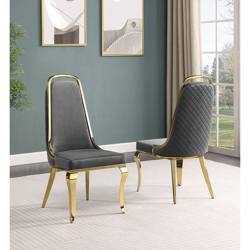 7pc Small(66″) marble top dining set with gold base and 6 Dark grey side chairs