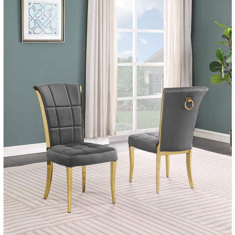9pc Large(79″) marble top dining set with gold base and 8 Dark grey side chairs