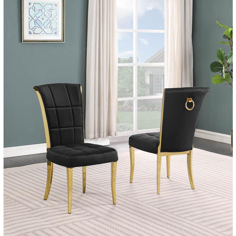 9pc Large(79″) marble top dining set with gold base and 8 Black side chairs
