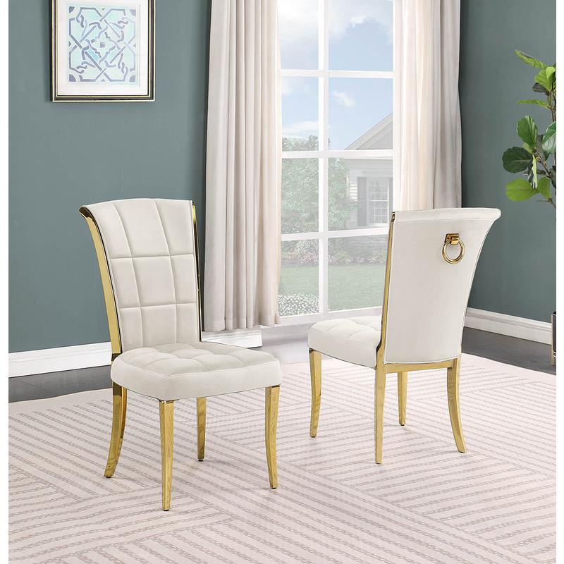 9pc Large(79″) marble top dining set with gold base and 8 Cream side chairs