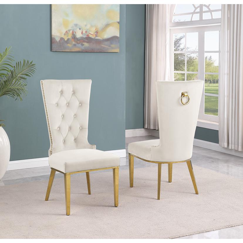 9pc Large(79″) marble top dining set with gold base and 8 cream side chairs