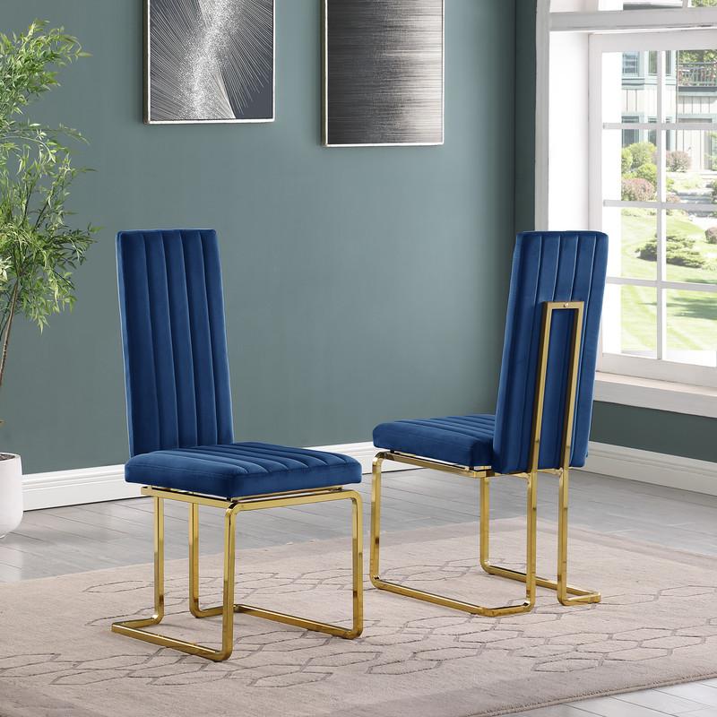 9pc Large(79″) marble top dining set with gold base and 8 Navy blue side chairs