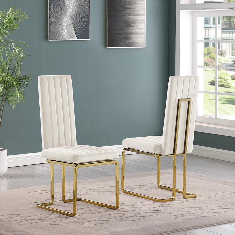 9pc Large(79″) marble top dining set with gold base and 8 cream side chairs
