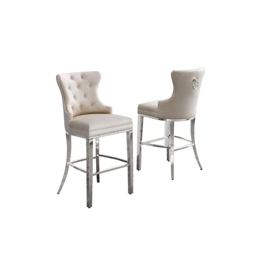 29″ Cream velvet bar stool with stainless steel base (SET OF 2)