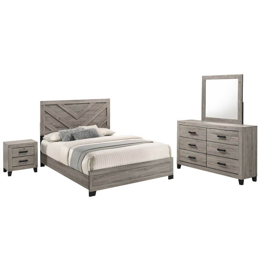 4 piece light grey pannel bedroom set (Bed+NS+Dresser+Mirror)