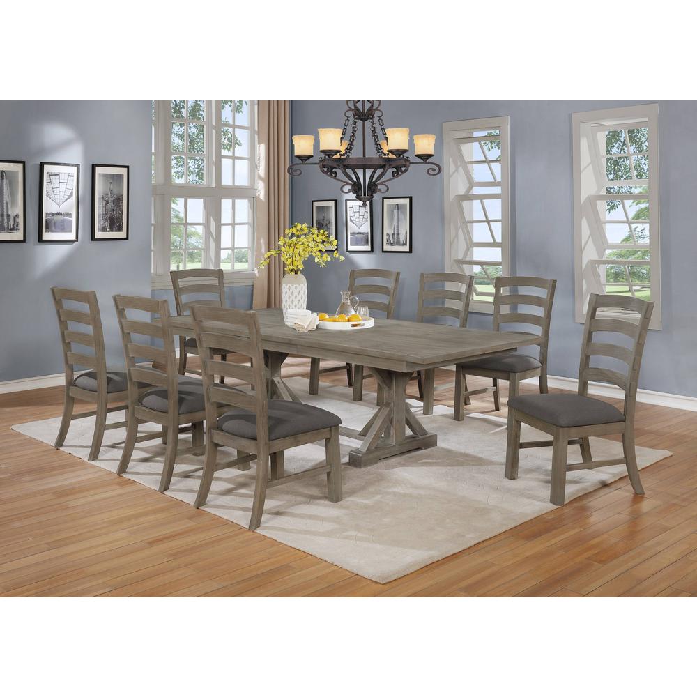 Classic 9pc Dining Set with Extendable Dining table with 18″ Leaf and Wood and Linen Side Chairs