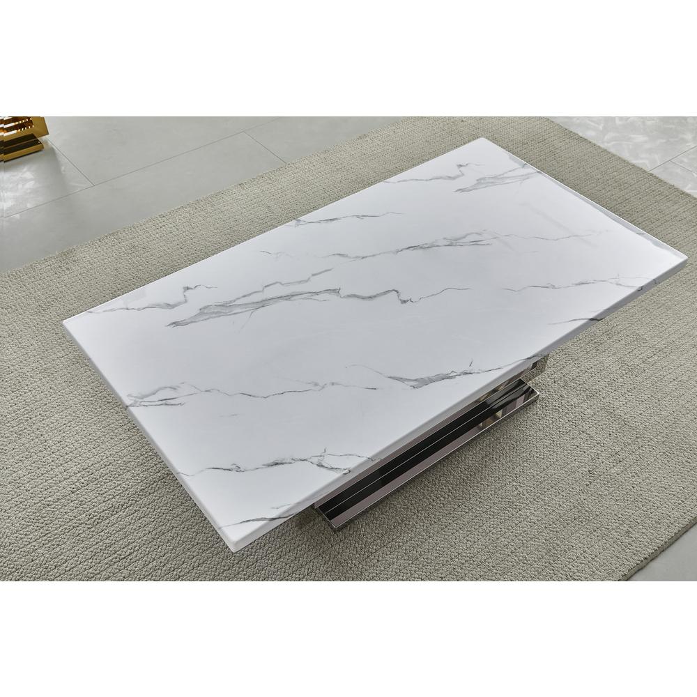 White marble top console table with a silver color stainless steel base