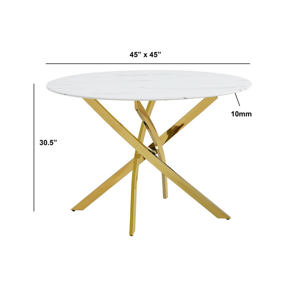 5Pc Round Marble Wrap Tempered Glass Dining Set With 4 Black Side Chairs
