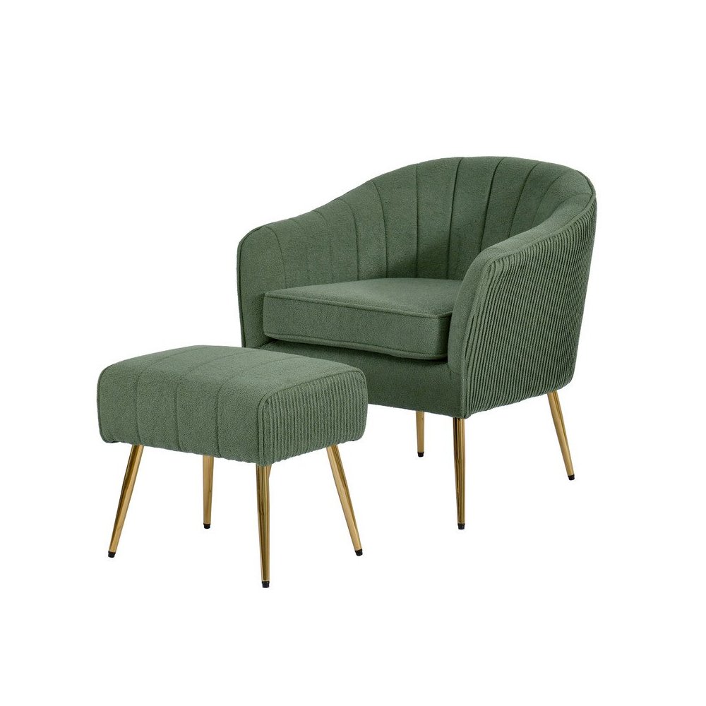 2 Piece Barrel Chair With Matching Ottoman In Green And Gold