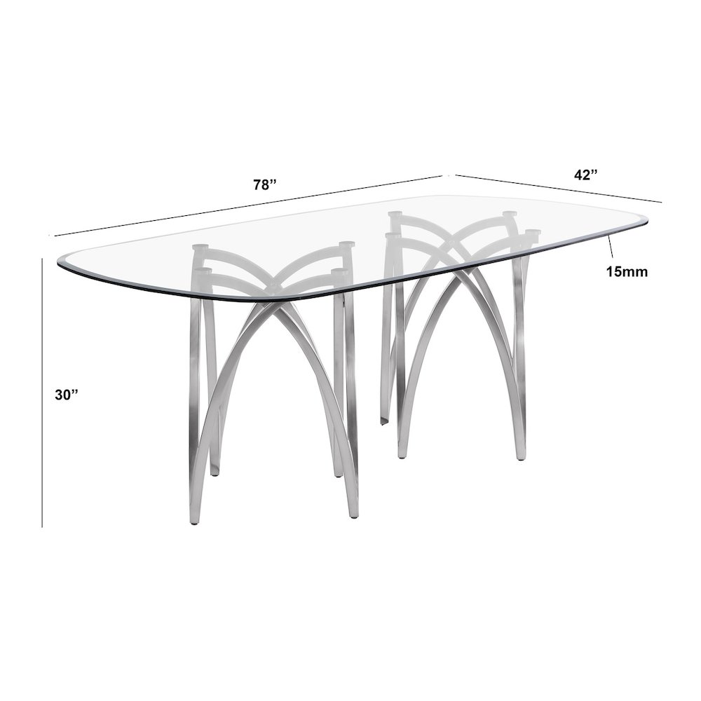 7Pc Tempered Glass Dining Table Set With 6 Cream With Matte Silver Side Chairs