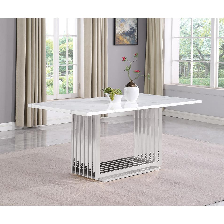 5pc Small(68″) marble top dining set with silver base and 4 Cream side chairs