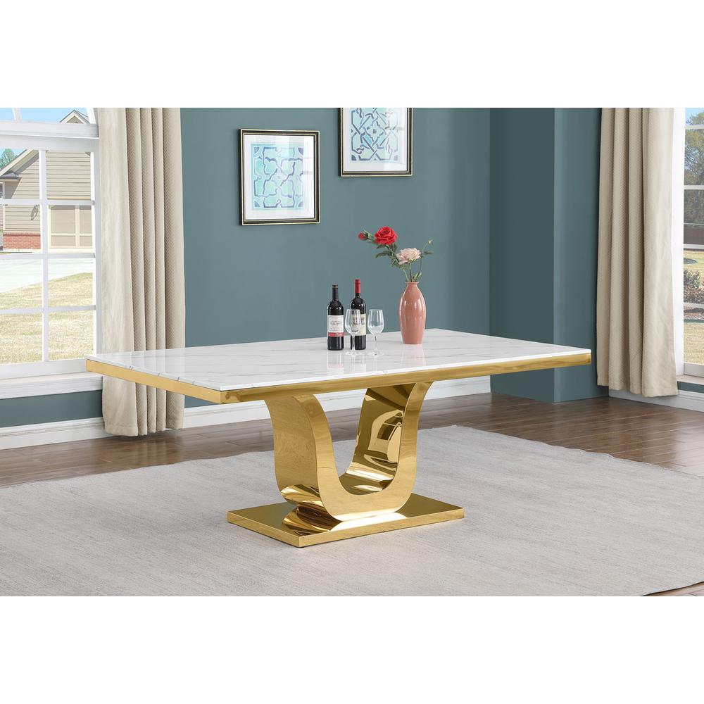 7pc Large(76″) marble top dining set with gold base and 6 Cream side chairs