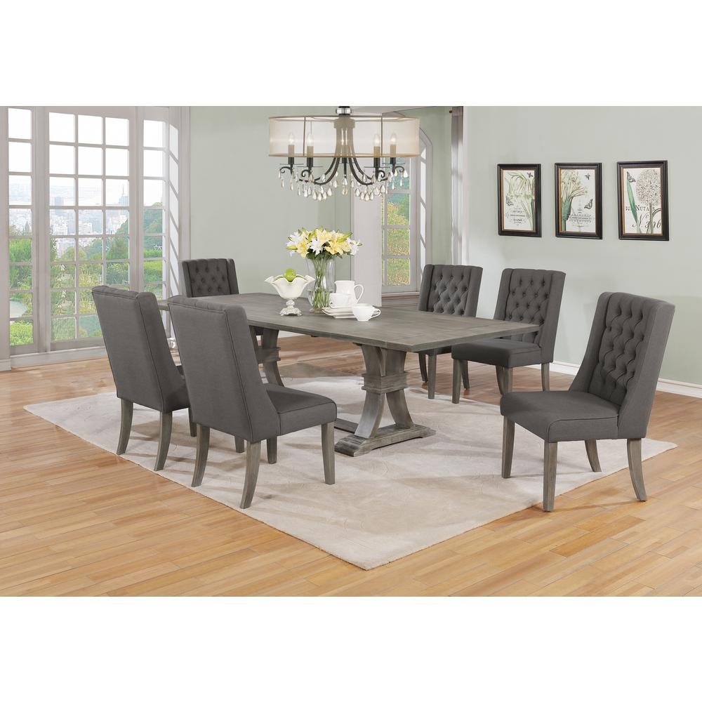 7 Piece Dining Set Extendable w/two 16″Side Leaves Extension & 6 Chairs in Dark Grey Linen