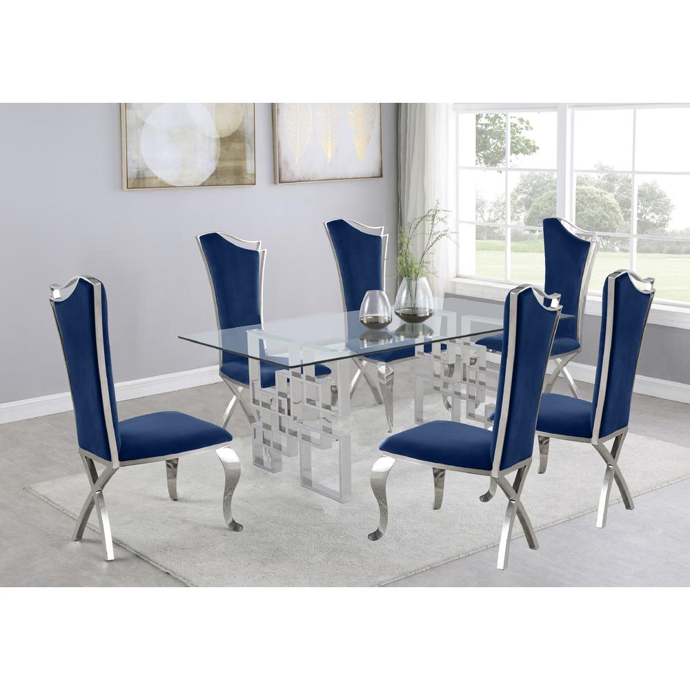 7-Piece Dining Set with Stainless Steel-Legged Dining Chairs in Navy Blue