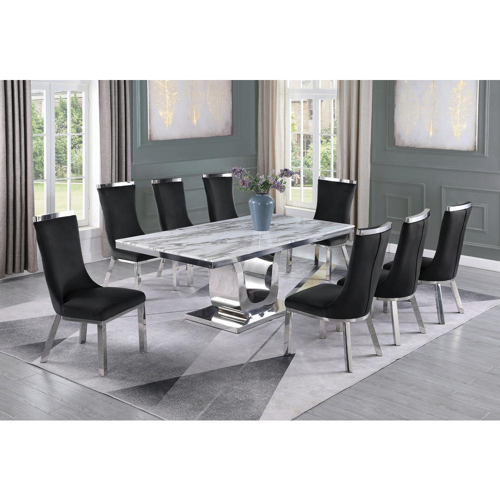 9pc dining set- Rectangle Marble table with a U shape silver base and 8 black side chairs