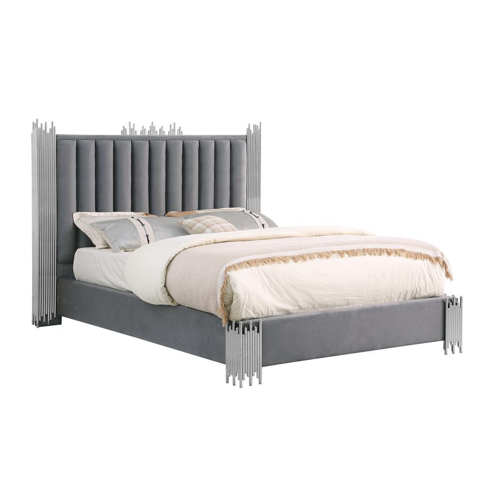 Queen size Dark grey velvet bed with silver corners (Platform)
