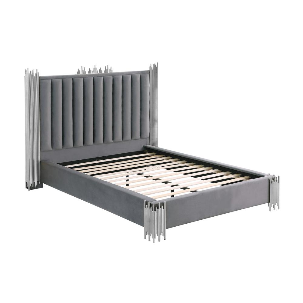 Queen size Dark grey velvet bed with silver corners (Platform)