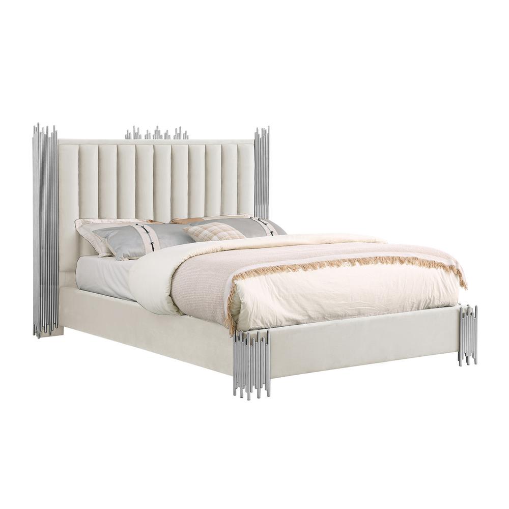 Queen size Cream velvet bed with silver corners (Platform)